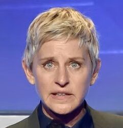 Ellen DeGeneres reacting with a surprised facial expression during a televised appearance