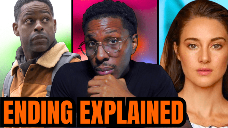 YouTube thumbnail for Paradise Ending Explained Season 2 Episode 1 featuring host centered between Sterling K Brown and the actress who plays Annie with bold “Ending Explained” text