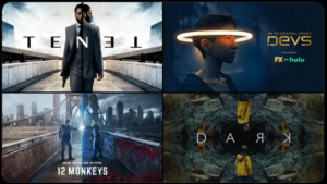 Collage of Tenet, Devs, 12 Monkeys and Dark