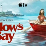 Widow’s Bay Apple TV series poster featuring Matthew Rhys rowing a boat near an island town