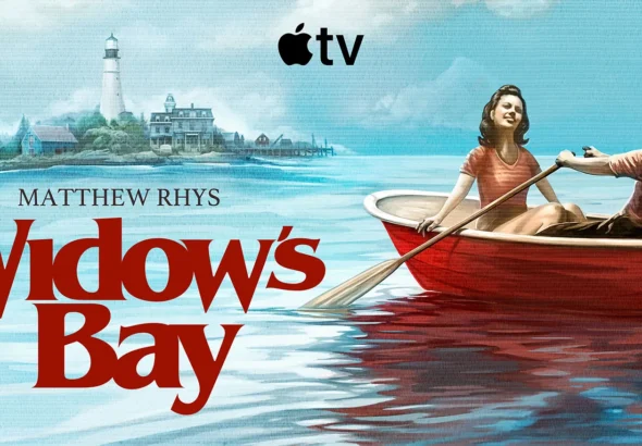 Widow’s Bay Apple TV series poster featuring Matthew Rhys rowing a boat near an island town
