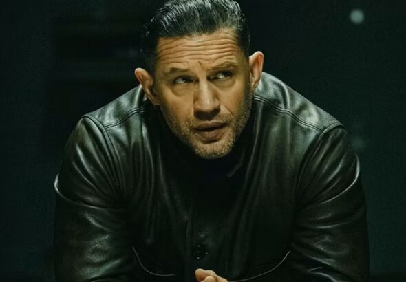 Tom Hardy as Harry Da Souza in MobLand with fired question text