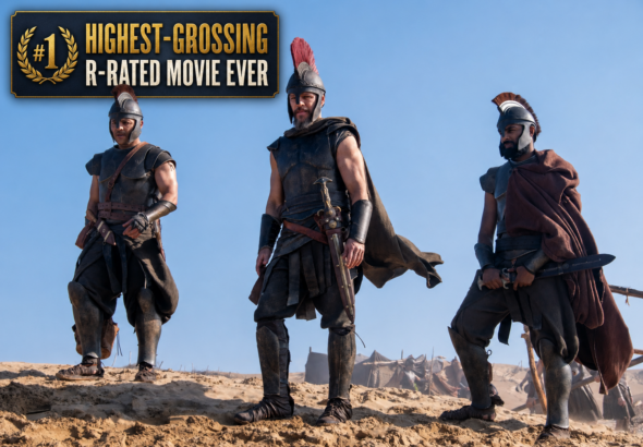 Three armored warriors from The Odyssey stand in a desert beneath a graphic declaring it the highest-grossing R-rated movie ever.
