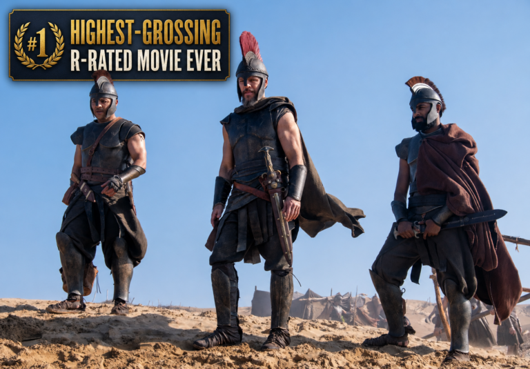 Three armored warriors from The Odyssey stand in a desert beneath a graphic declaring it the highest-grossing R-rated movie ever.